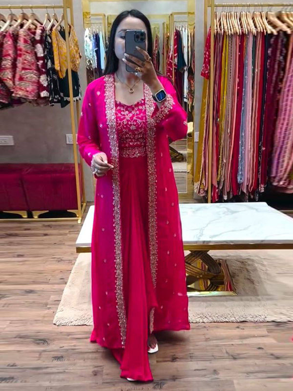 Dark Pink Embroidery Sequence Work Chinon Silk Dhoti Blouse With Shrug