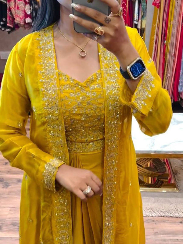 Yellow Embroidery Sequence Work Chinon Silk Dhoti Blouse With Shrug