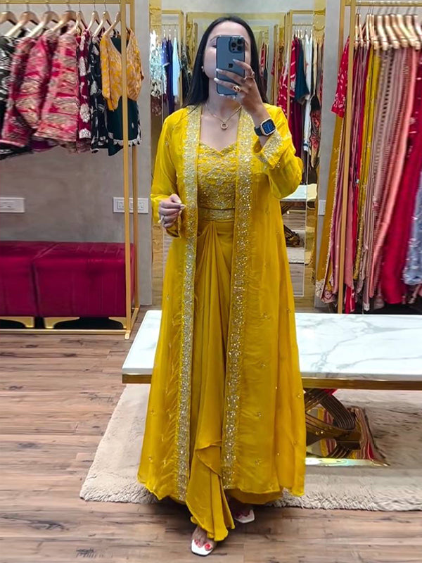 Yellow Embroidery Sequence Work Chinon Silk Dhoti Blouse With Shrug