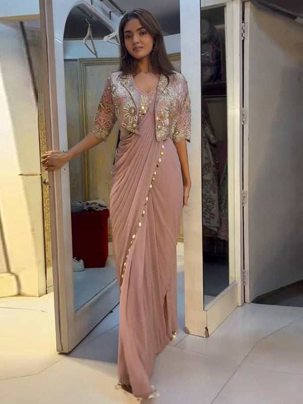 Rose Gold Crepe Silk Ready To Wear Saree With Thread Sequins Crop Jacket