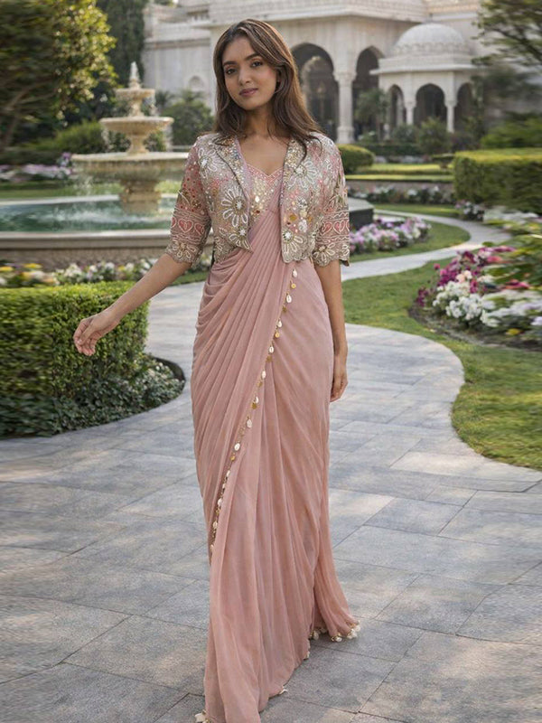 Rose Gold Crepe Silk Ready To Wear Saree With Thread Sequins Crop Jacket