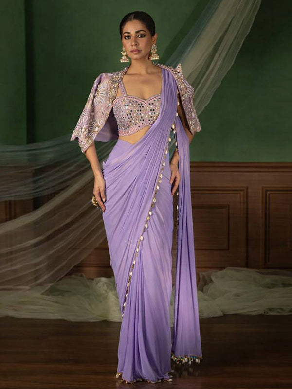 Lavender Crepe Silk Ready To Wear Saree With Thread Sequins Crop Jacket