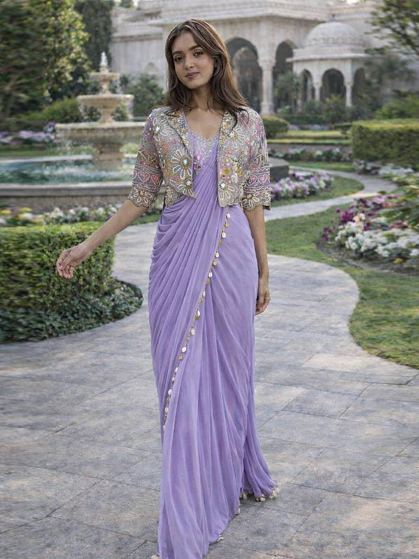 Lavender Crepe Silk Ready To Wear Saree With Thread Sequins Crop Jacket