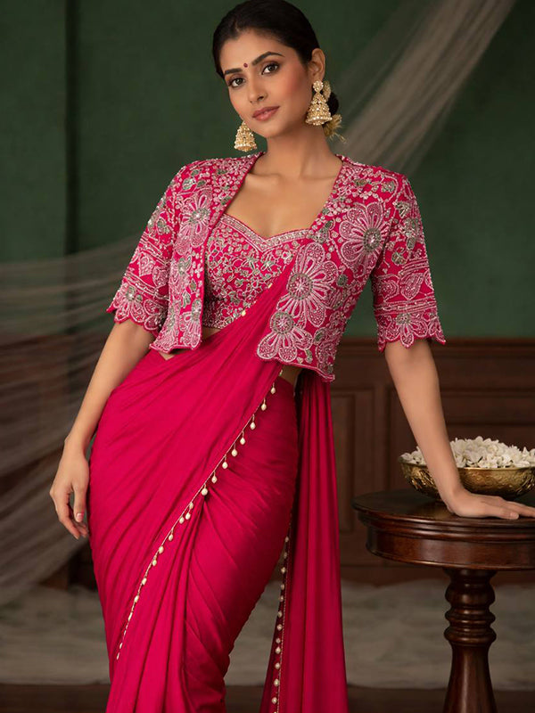 Pink Crepe Silk Ready To Wear Saree With Thread Sequins Crop Jacket