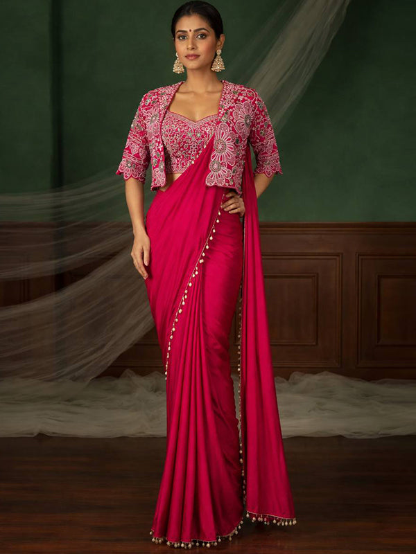 Pink Crepe Silk Ready To Wear Saree With Thread Sequins Crop Jacket