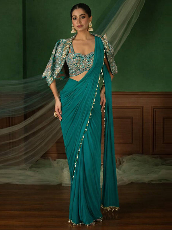 Teal Blue Crepe Silk Ready To Wear Saree With Thread Sequins Crop Jacket