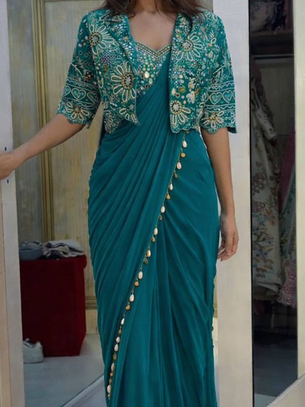 Teal Blue Crepe Silk Ready To Wear Saree With Thread Sequins Crop Jacket