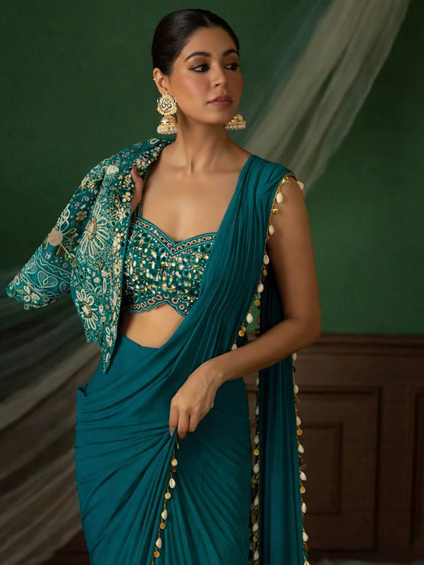 Teal Blue Crepe Silk Ready To Wear Saree With Thread Sequins Crop Jacket