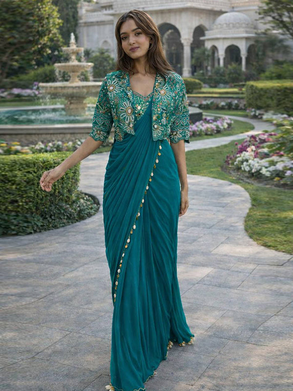 Teal Blue Crepe Silk Ready To Wear Saree With Thread Sequins Crop Jacket