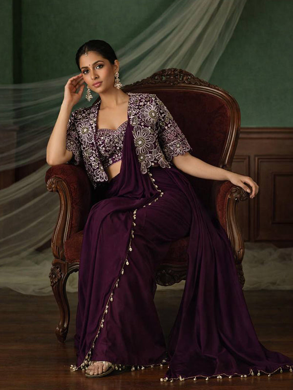 Wine Crepe Silk Ready To Wear Saree With Thread Sequins Crop Jacket