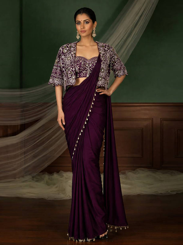 Wine Crepe Silk Ready To Wear Saree With Thread Sequins Crop Jacket
