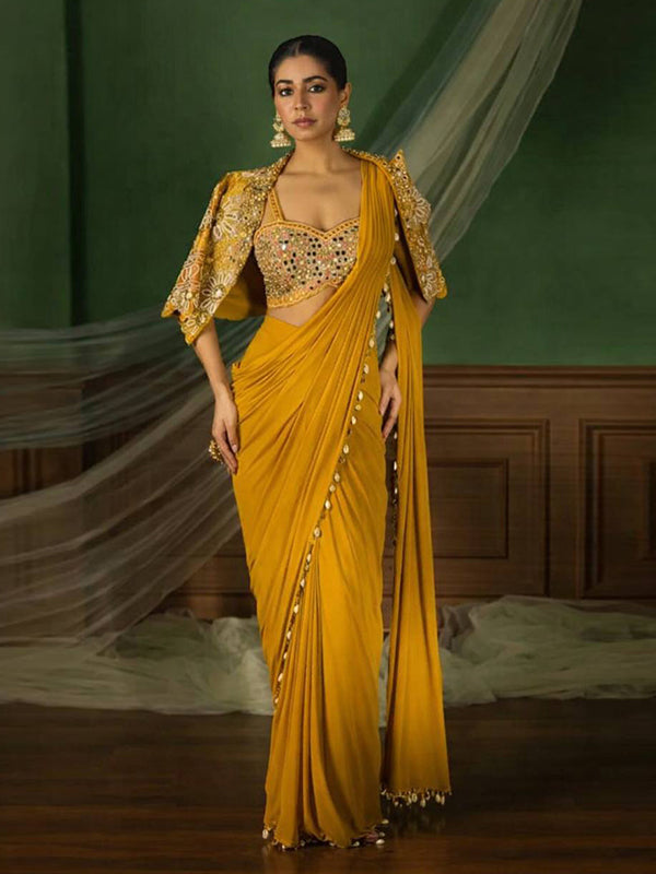 Yellow Crepe Silk Ready To Wear Saree With Thread Sequins Crop Jacket