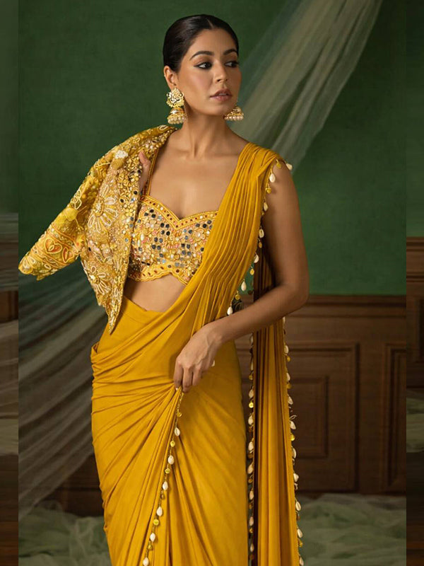 Yellow Crepe Silk Ready To Wear Saree With Thread Sequins Crop Jacket