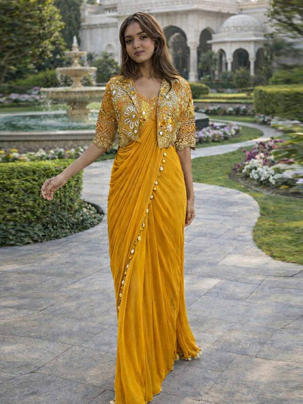 Yellow Crepe Silk Ready To Wear Saree With Thread Sequins Crop Jacket