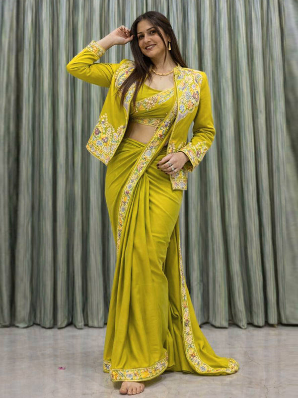 Mehndi Green Crepe Silk Ready To Wear Saree With Embroidered Sequence Blazer Jacket
