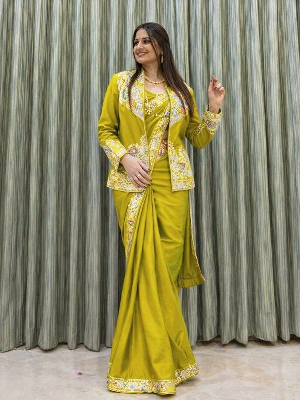 Mehndi Green Crepe Silk Ready To Wear Saree With Embroidered Sequence Blazer Jacket