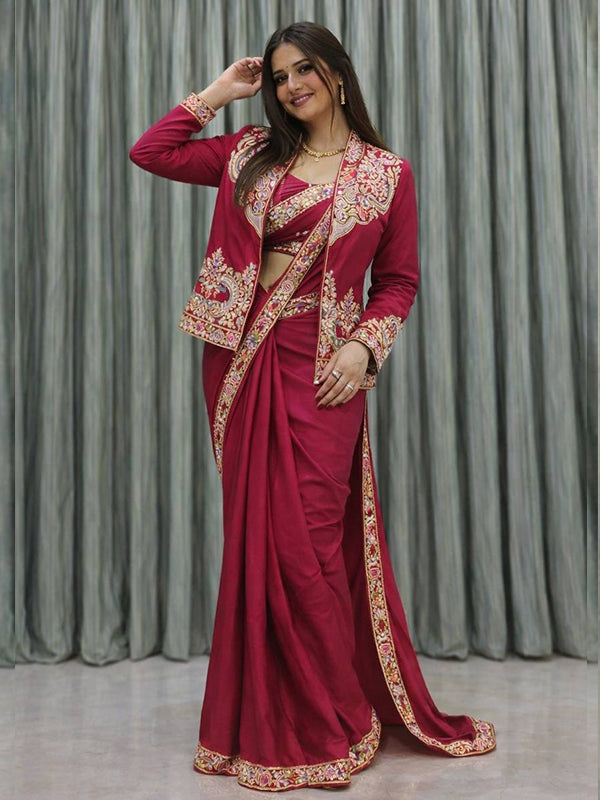 Hot Pink Crepe Silk Ready To Wear Saree With Embroidered Sequence Blazer Jacket