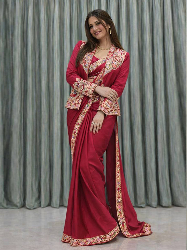 Hot Pink Crepe Silk Ready To Wear Saree With Embroidered Sequence Blazer Jacket