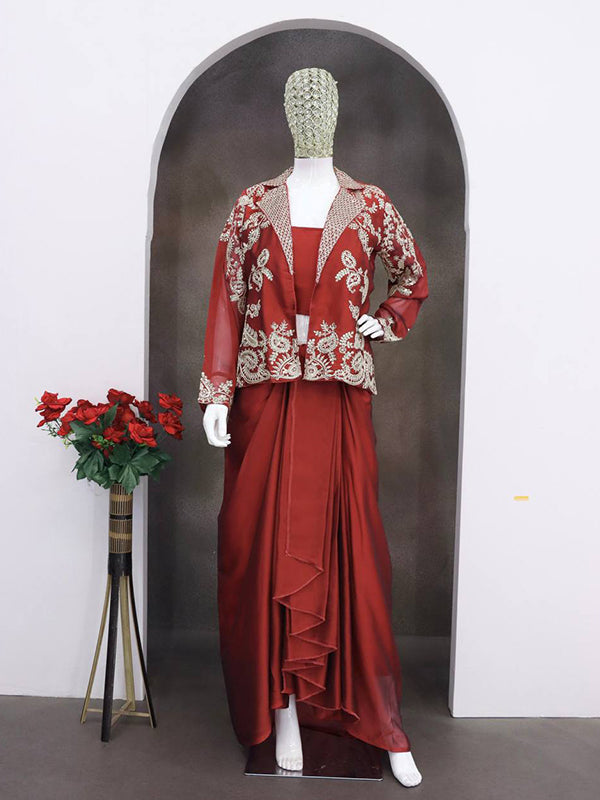 Maroon Multi Thread Sequence Work Rangoli Silk Dhoti Blouse With Shrug