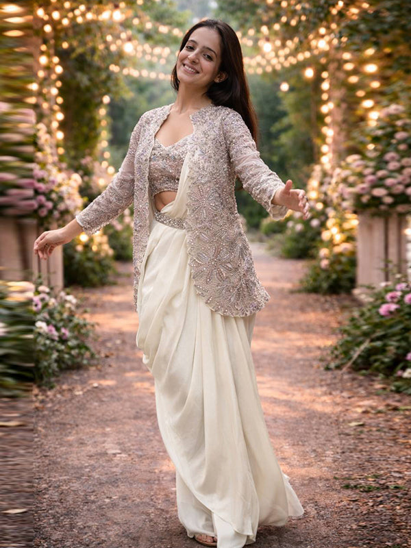 Cream Crepe Silk Ready To Wear Saree With Embroidery Sequins Cording Work Jacket