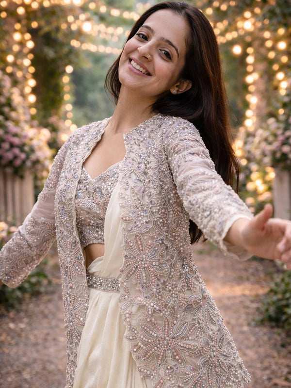 Cream Crepe Silk Ready To Wear Saree With Embroidery Sequins Cording Work Jacket