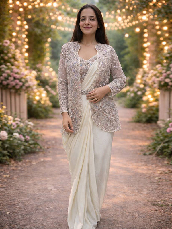 Cream Crepe Silk Ready To Wear Saree With Embroidery Sequins Cording Work Jacket
