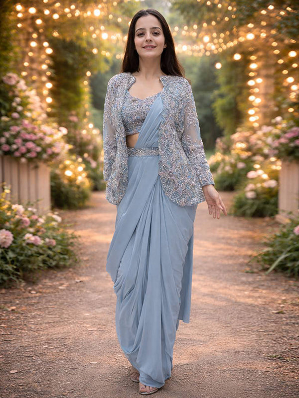 Grey Crepe Silk Ready To Wear Saree With Embroidery Sequins Cording Work Jacket