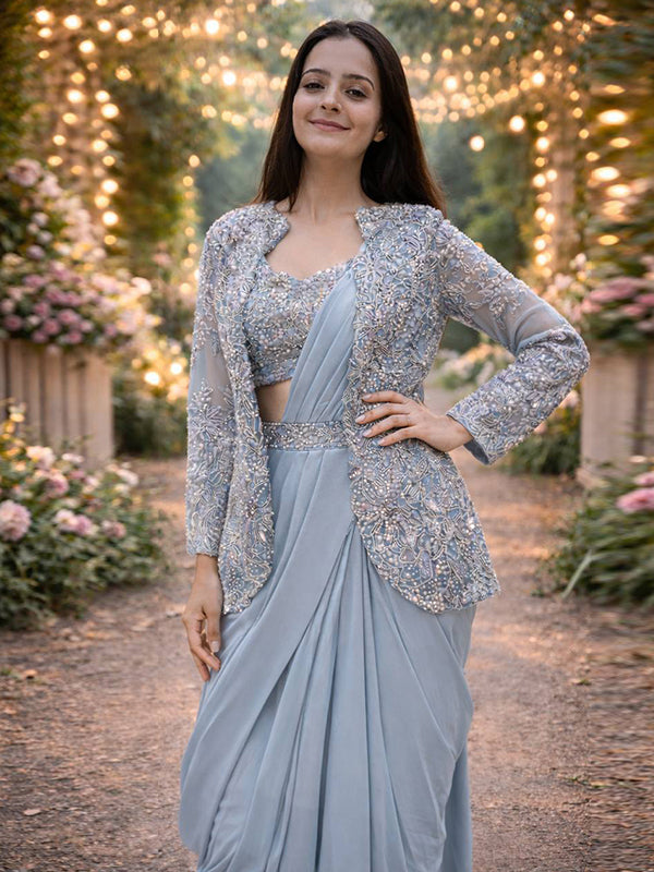 Grey Crepe Silk Ready To Wear Saree With Embroidery Sequins Cording Work Jacket