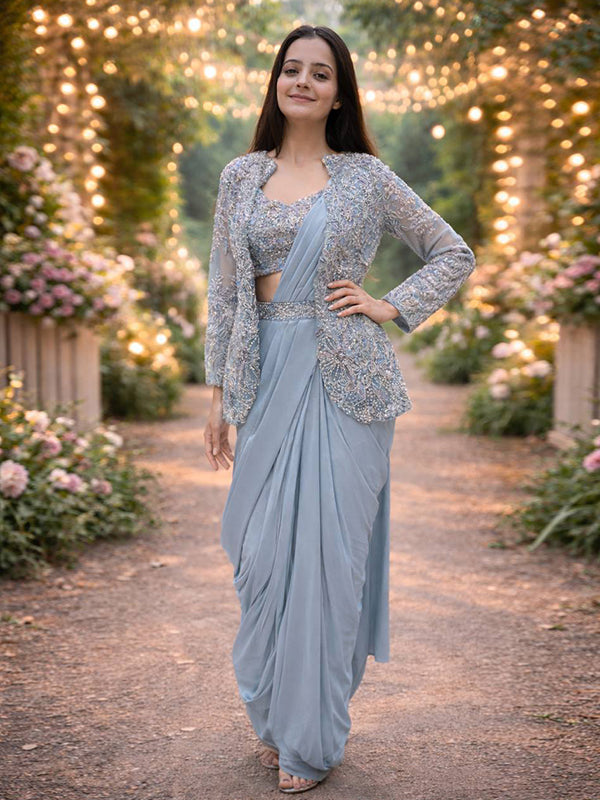 Grey Crepe Silk Ready To Wear Saree With Embroidery Sequins Cording Work Jacket