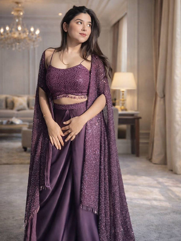 Wine Indo Western Draped Full Stitched Dhoti Blouse & Shrug