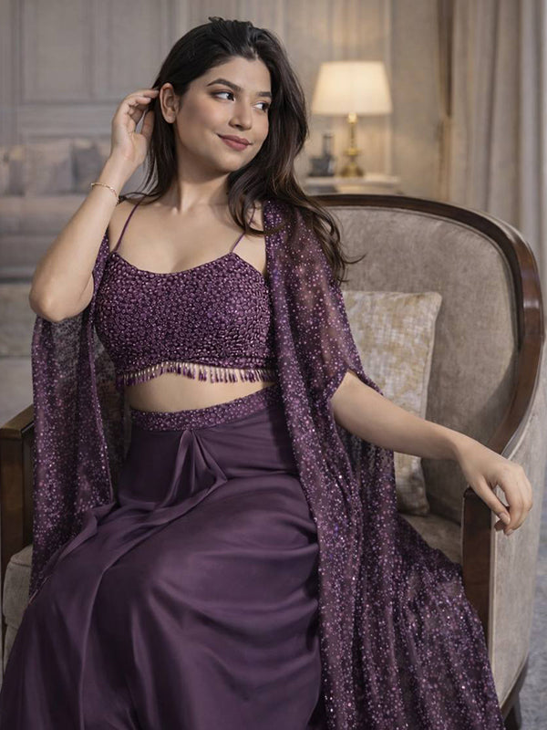 Wine Indo Western Draped Full Stitched Dhoti Blouse & Shrug