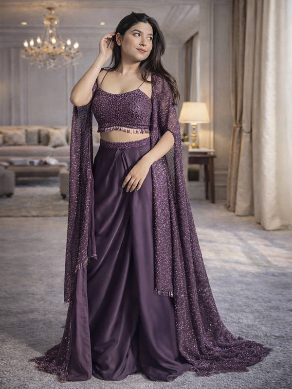 Wine Indo Western Draped Full Stitched Dhoti Blouse & Shrug