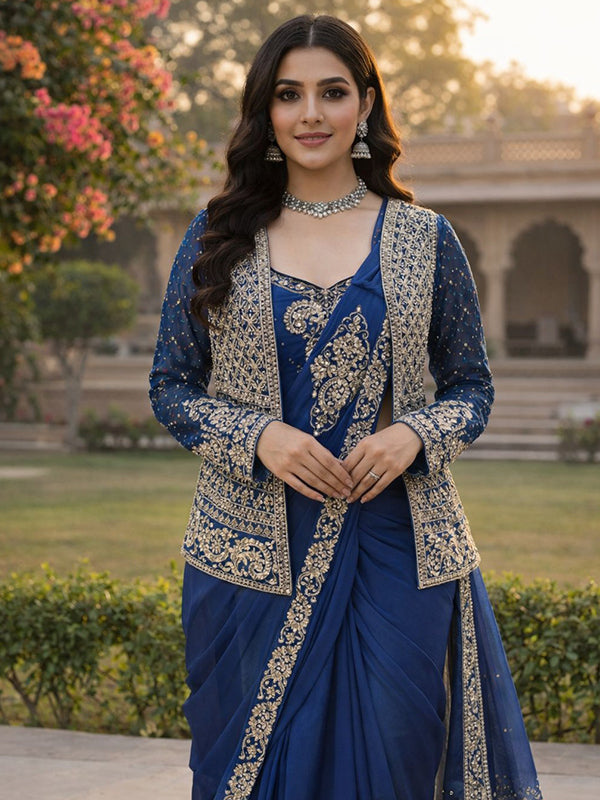 Blue Embroidery Sequence Work Ready To Wear Crep Silk Saree With Koti & Belt