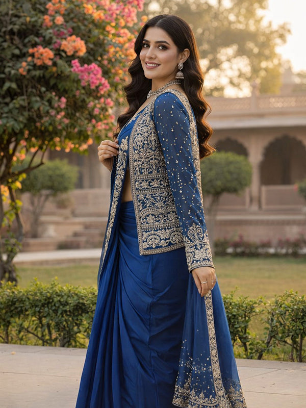 Blue Embroidery Sequence Work Ready To Wear Crep Silk Saree With Koti & Belt