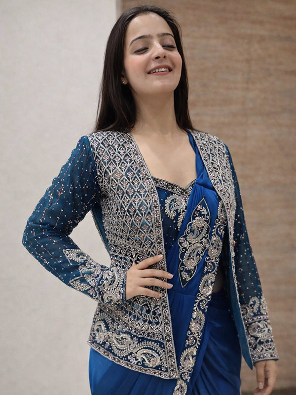 Blue Embroidery Sequence Work Ready To Wear Crep Silk Saree With Koti & Belt