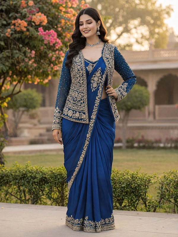 Blue Embroidery Sequence Work Ready To Wear Crep Silk Saree With Koti & Belt