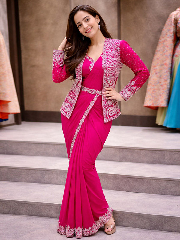Pink Embroidery Sequence Work Ready To Wear Crep Silk Saree With Koti & Belt