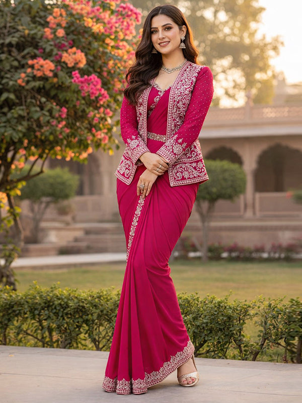 Pink Embroidery Sequence Work Ready To Wear Crep Silk Saree With Koti & Belt