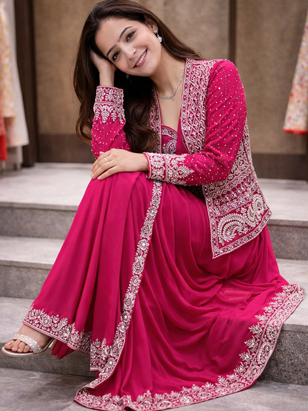 Pink Embroidery Sequence Work Ready To Wear Crep Silk Saree With Koti & Belt