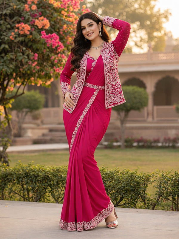 Pink Embroidery Sequence Work Ready To Wear Crep Silk Saree With Koti & Belt