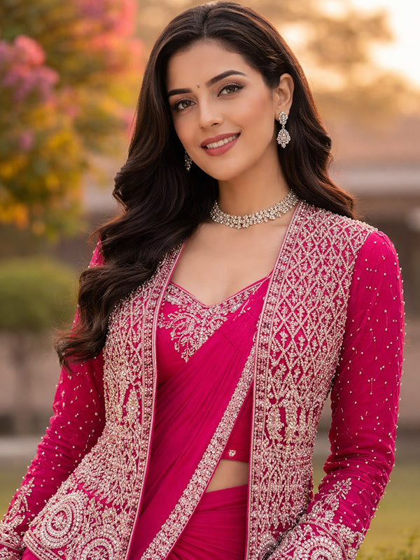 Pink Embroidery Sequence Work Ready To Wear Crep Silk Saree With Koti & Belt