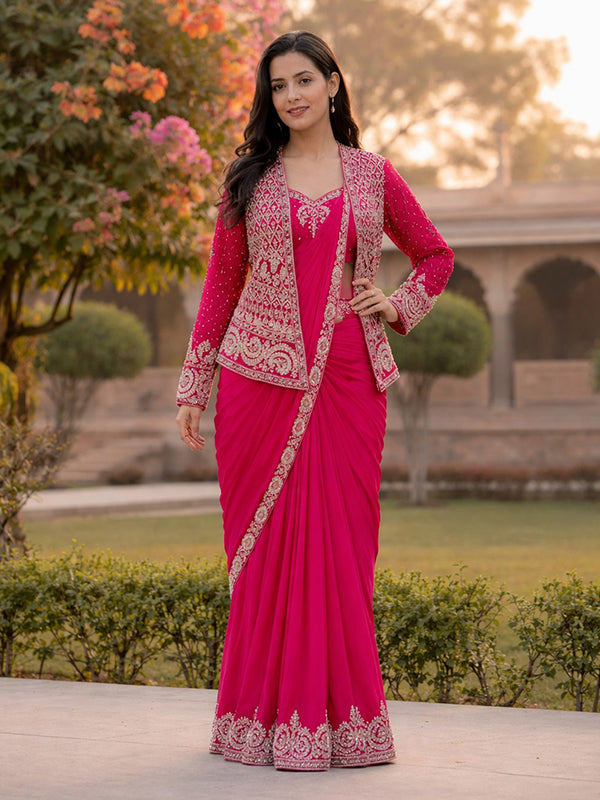 Pink Embroidery Sequence Work Ready To Wear Crep Silk Saree With Koti & Belt