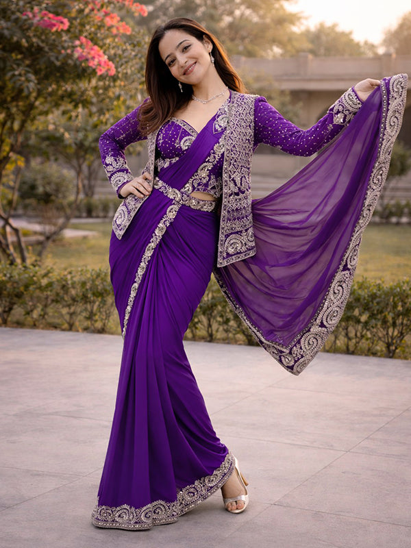 Purple Embroidery Sequence Work Ready To Wear Crep Silk Saree With Koti & Belt