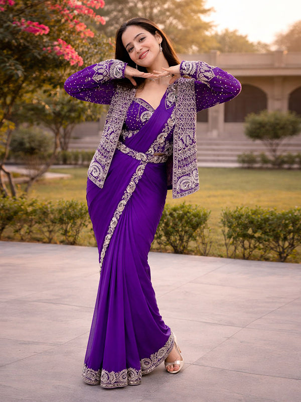 Purple Embroidery Sequence Work Ready To Wear Crep Silk Saree With Koti & Belt