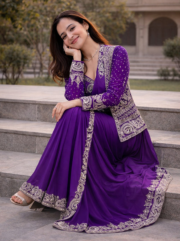 Purple Embroidery Sequence Work Ready To Wear Crep Silk Saree With Koti & Belt