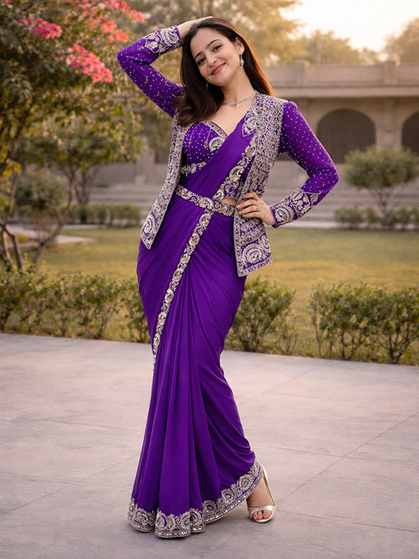 Purple Embroidery Sequence Work Ready To Wear Crep Silk Saree With Koti & Belt
