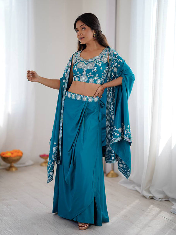 Aqua Blue Embroidery Sequins Work Crep Silk Dhoti Blouse With Shrug