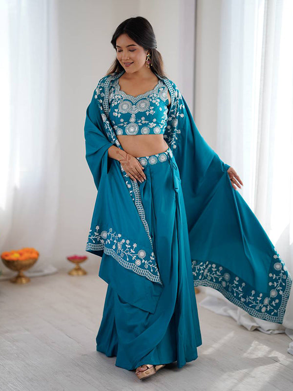 Aqua Blue Embroidery Sequins Work Crep Silk Dhoti Blouse With Shrug