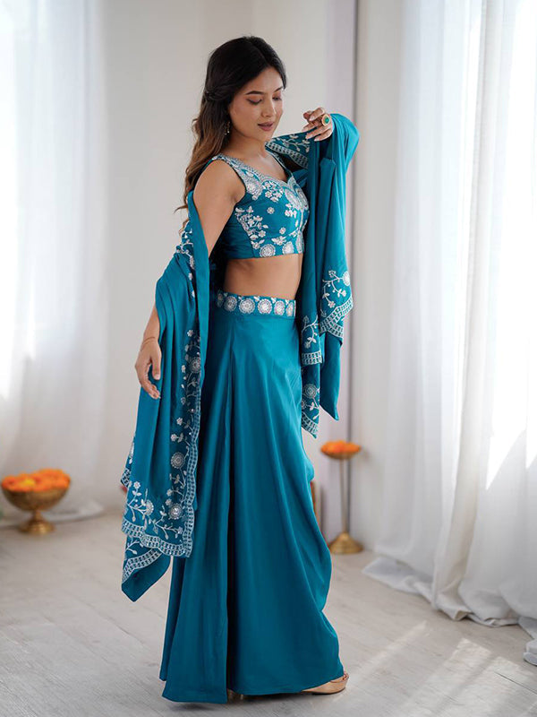 Aqua Blue Embroidery Sequins Work Crep Silk Dhoti Blouse With Shrug