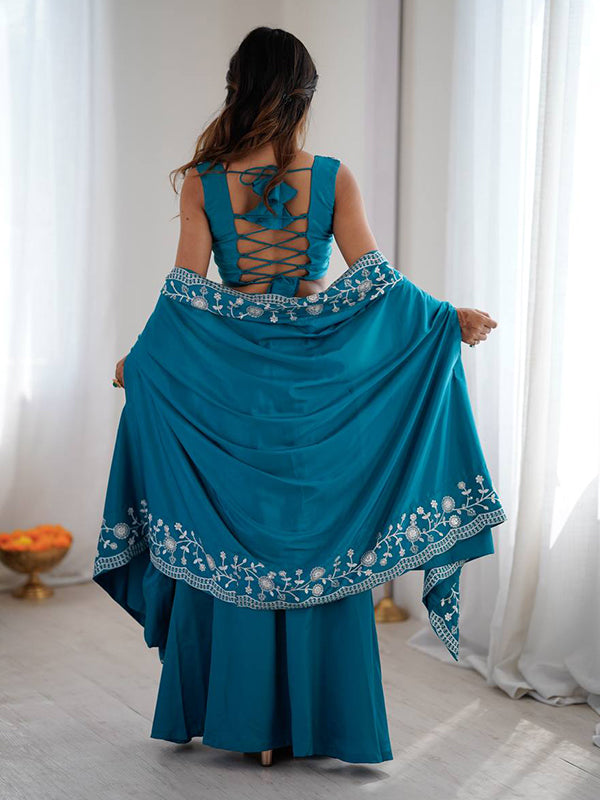 Aqua Blue Embroidery Sequins Work Crep Silk Dhoti Blouse With Shrug
